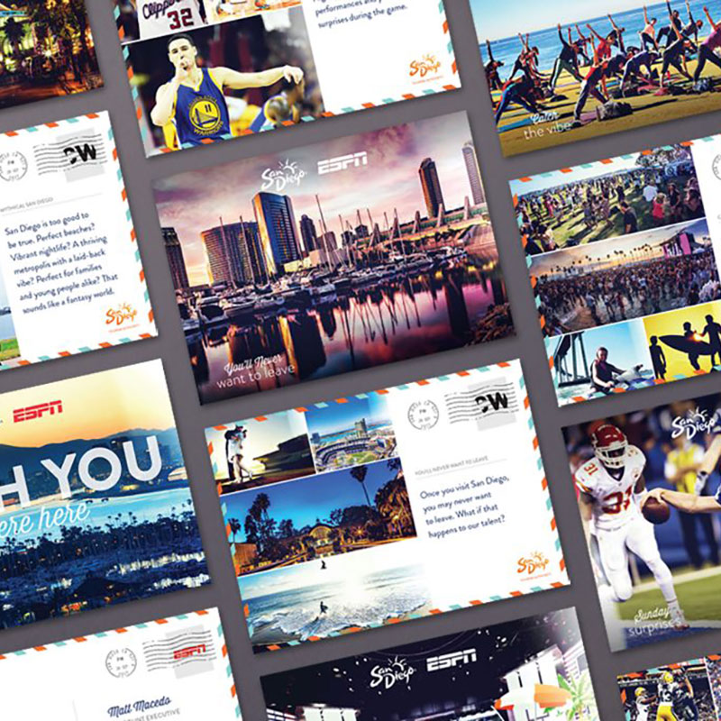 Wish You Were Here Postcards San Diego Tourism ESPN | Tactile Marketing, Custom Promotional Postcard Design, Creative Sales Materials | Barbour Design
