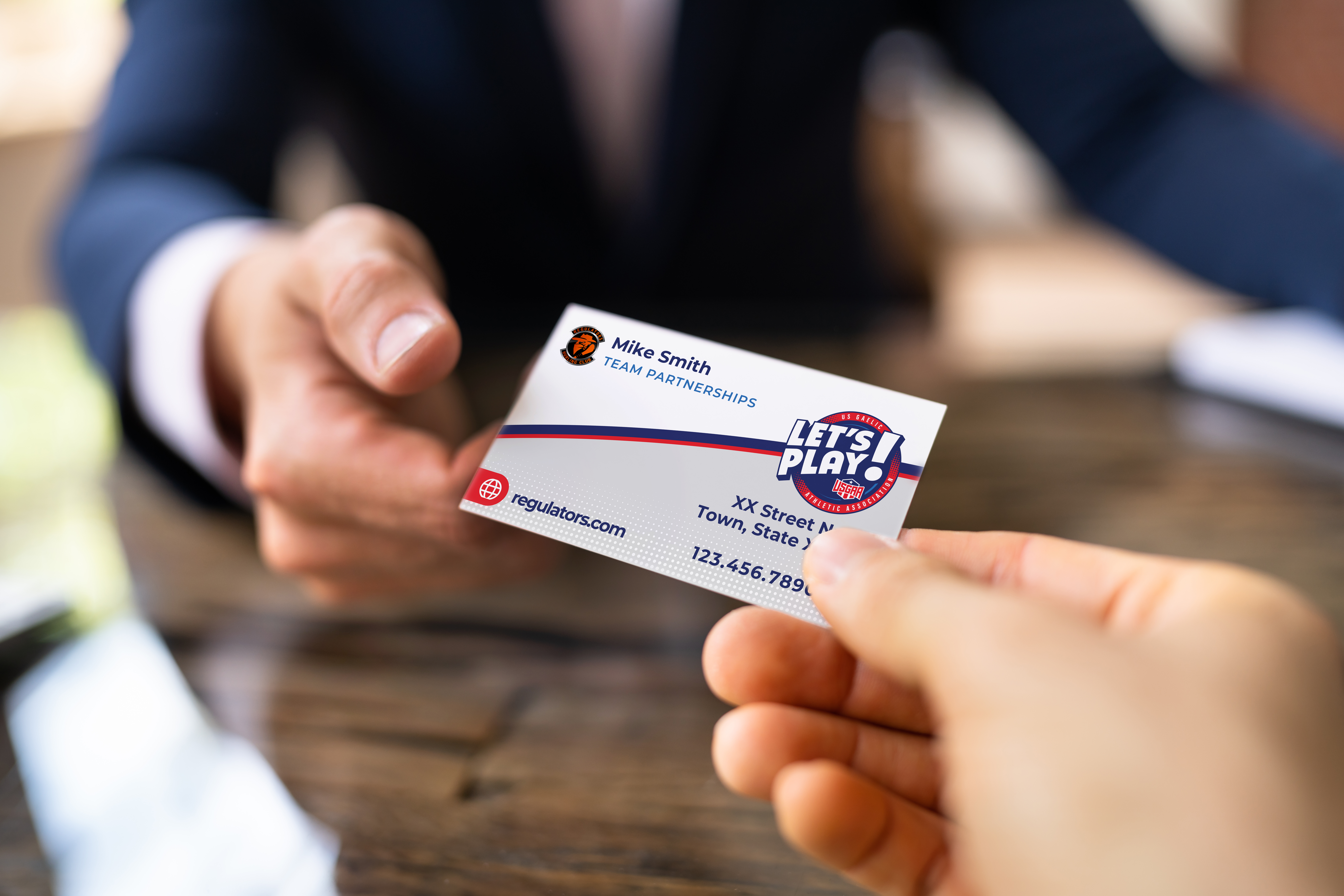 Business Card Exchange. Holding Visiting Or Reference Card